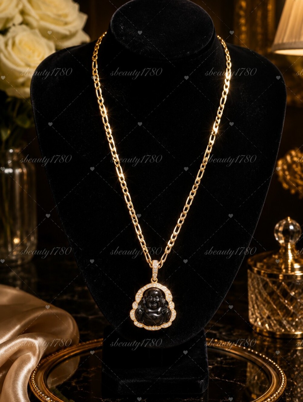 Gold Pendant Necklace with Black Buddha Charm - Women Jewelry